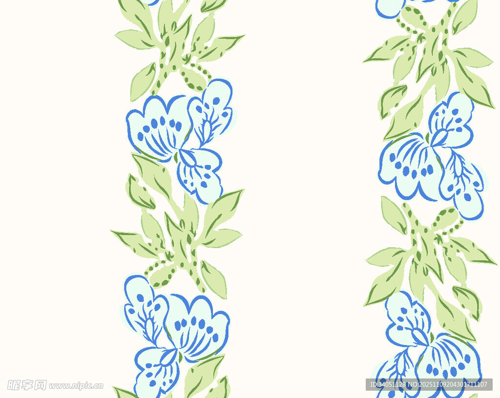 蓝花绿叶垂直花卉图案