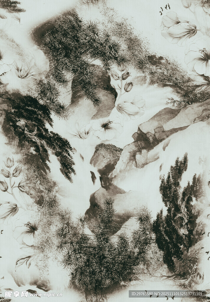 水墨风格雪景山林图