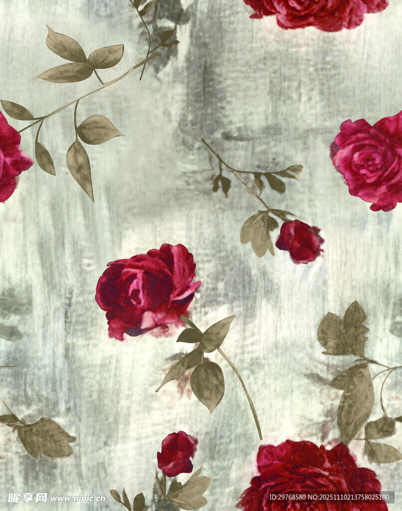 复古红玫瑰花卉图案布料