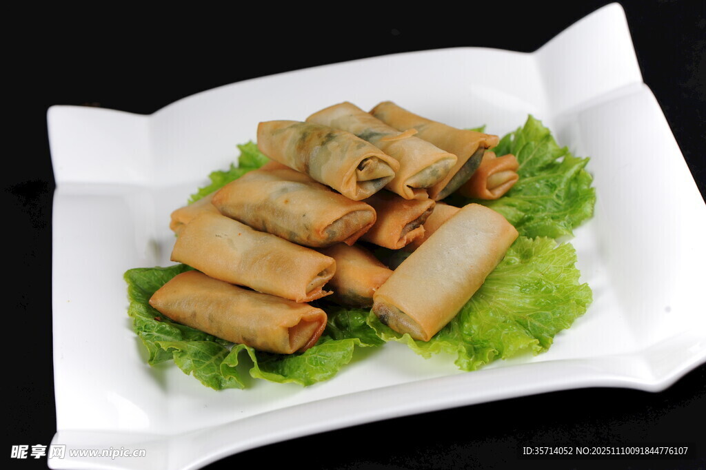 美味春卷摆放在翠绿生菜上