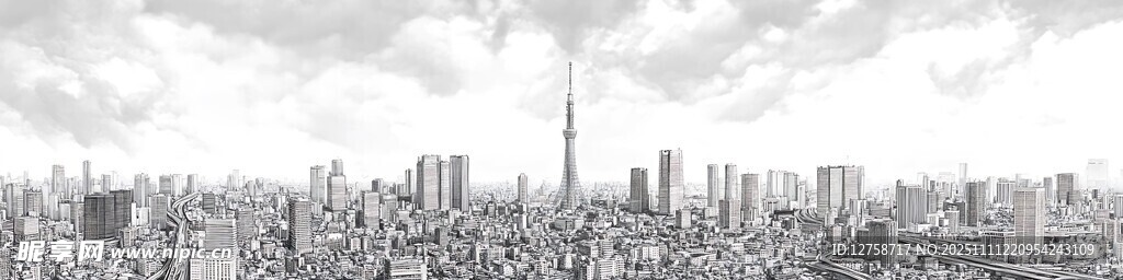 城市天际线黑白景观图