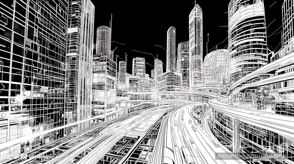 未来都市黑白线条景观