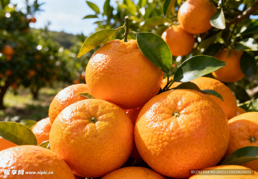 丰收的橘子堆在果园中