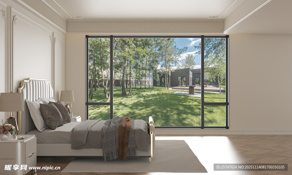 现代法式简约风卧室大窗场景