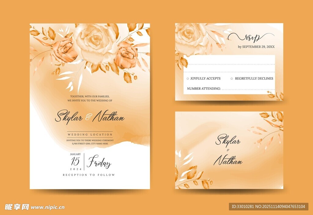 金色花卉婚礼请柬设计