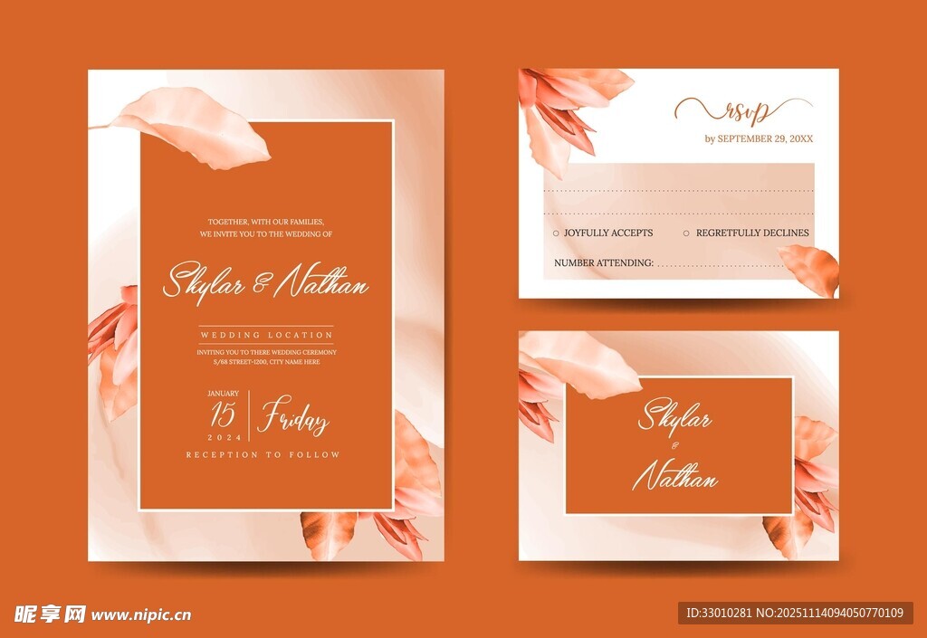 橙色花卉婚礼请柬设计