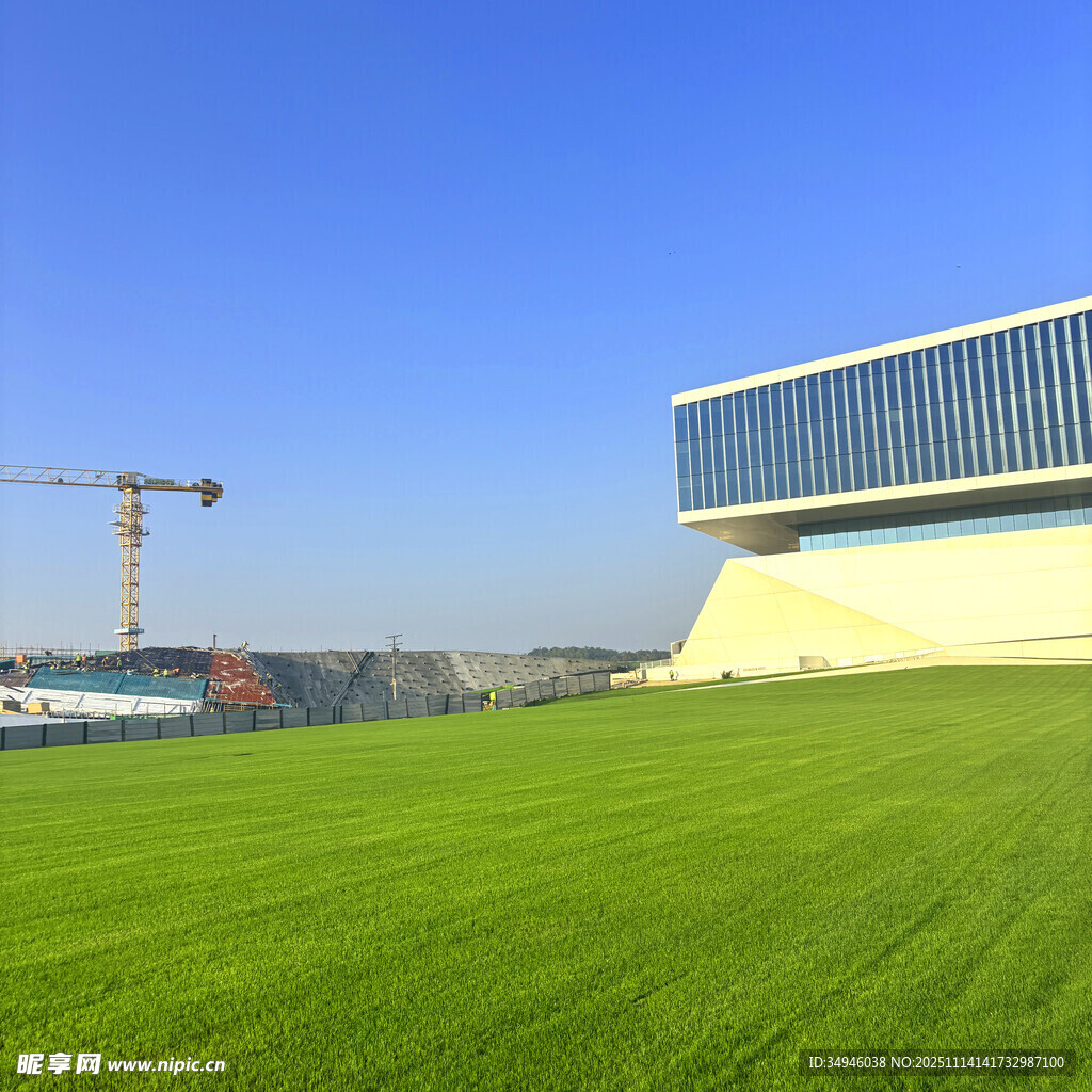 绿草如茵旁的现代建筑