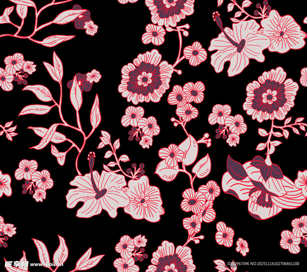 黑 粉色花 线条花