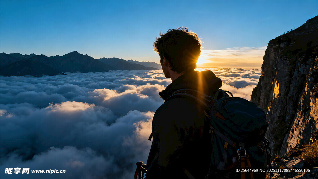 山顶观云海的孤独身影