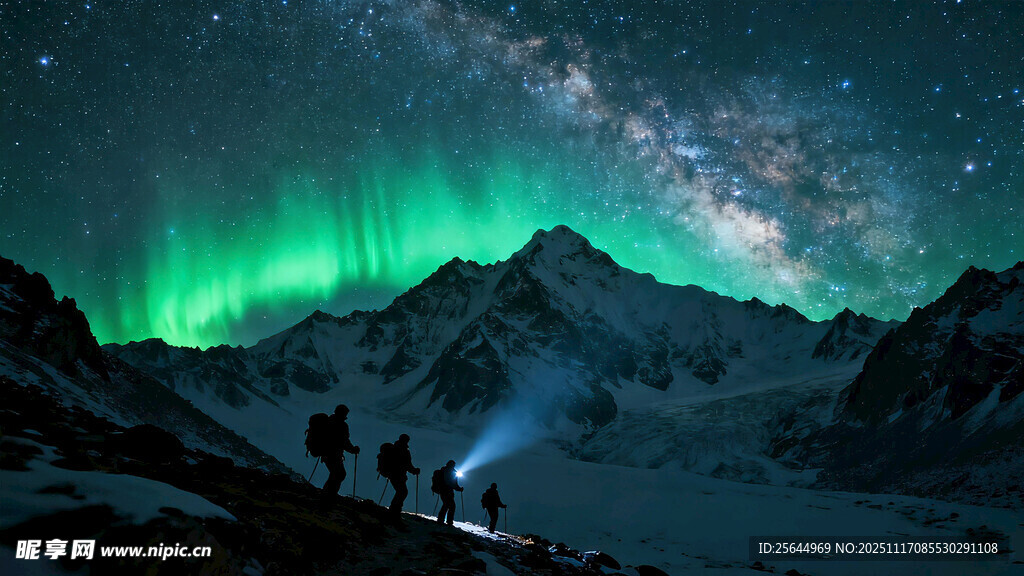 雪山夜空下的梦幻极光