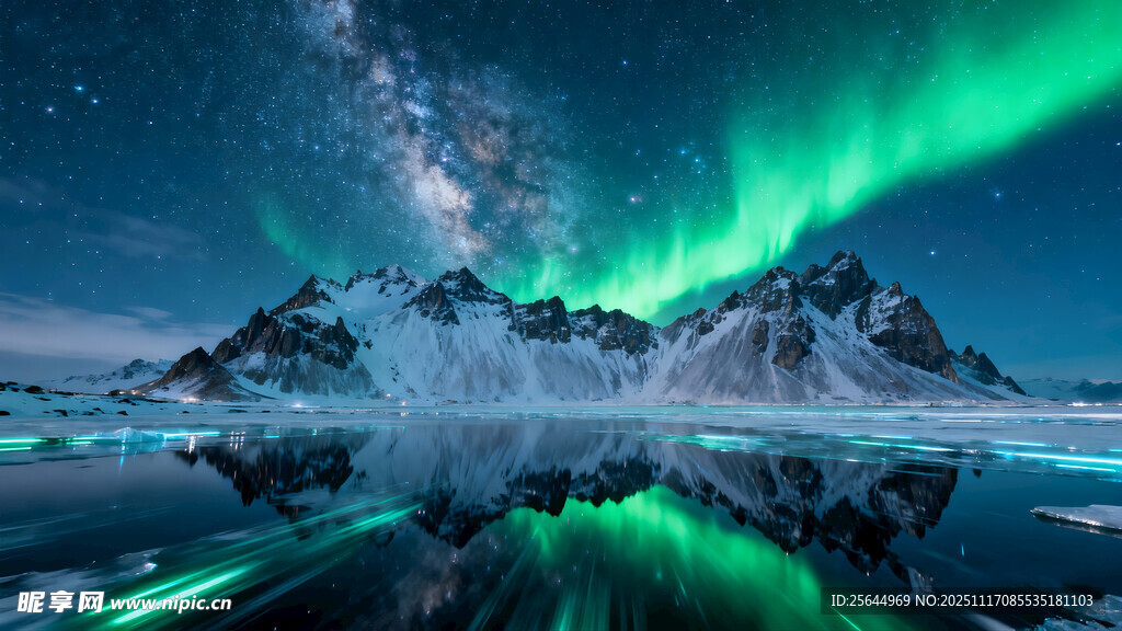 极光映照下的雪山奇幻美景