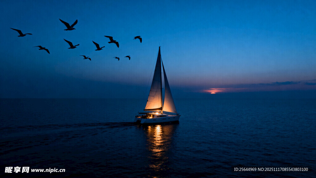 夜幕下的帆船与飞鸟