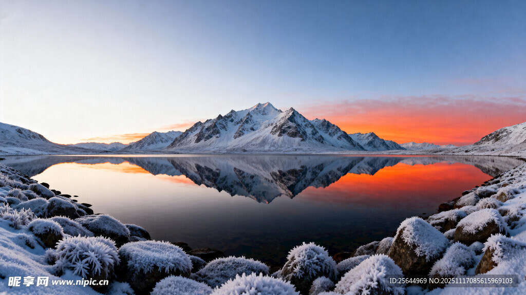 雪山湖畔的绚丽日出