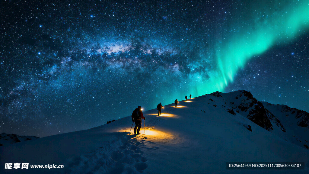 极光下的雪山徒步者