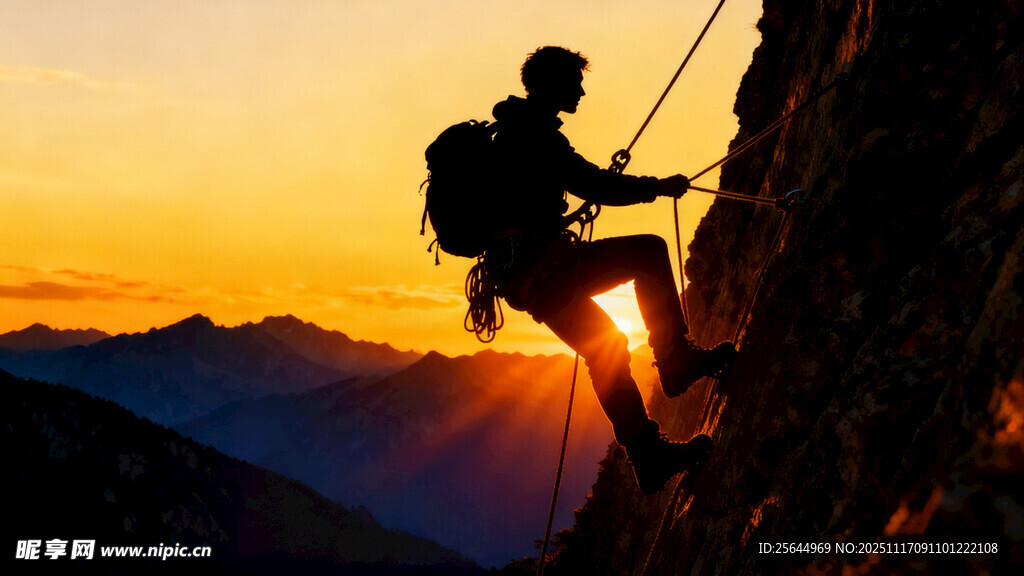 夕阳下的攀岩者
