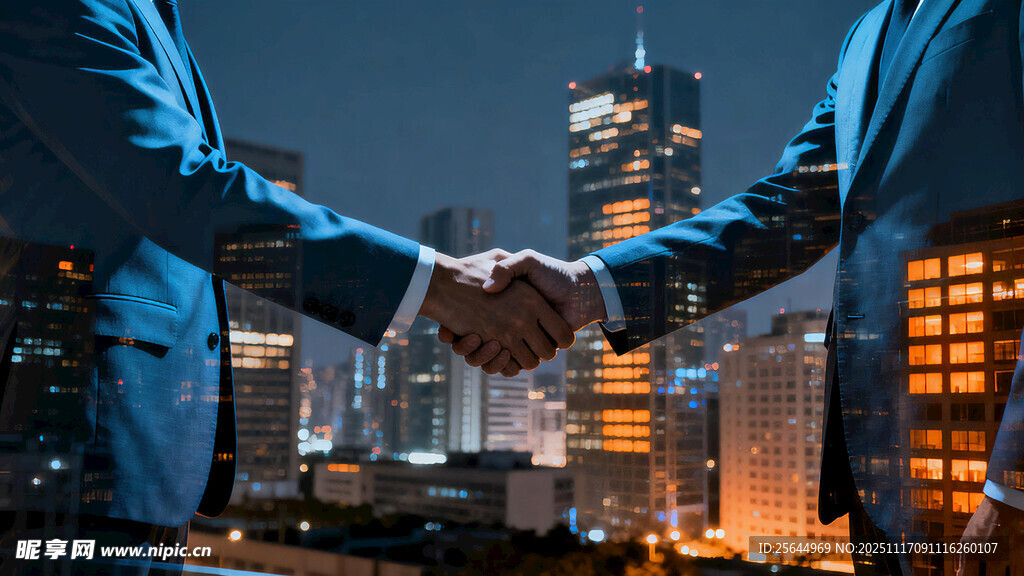 商务人士夜幕下握手合作