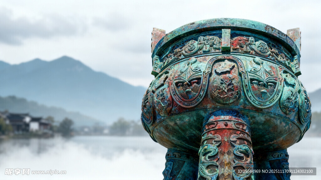 青铜鼎特写古韵山水背景