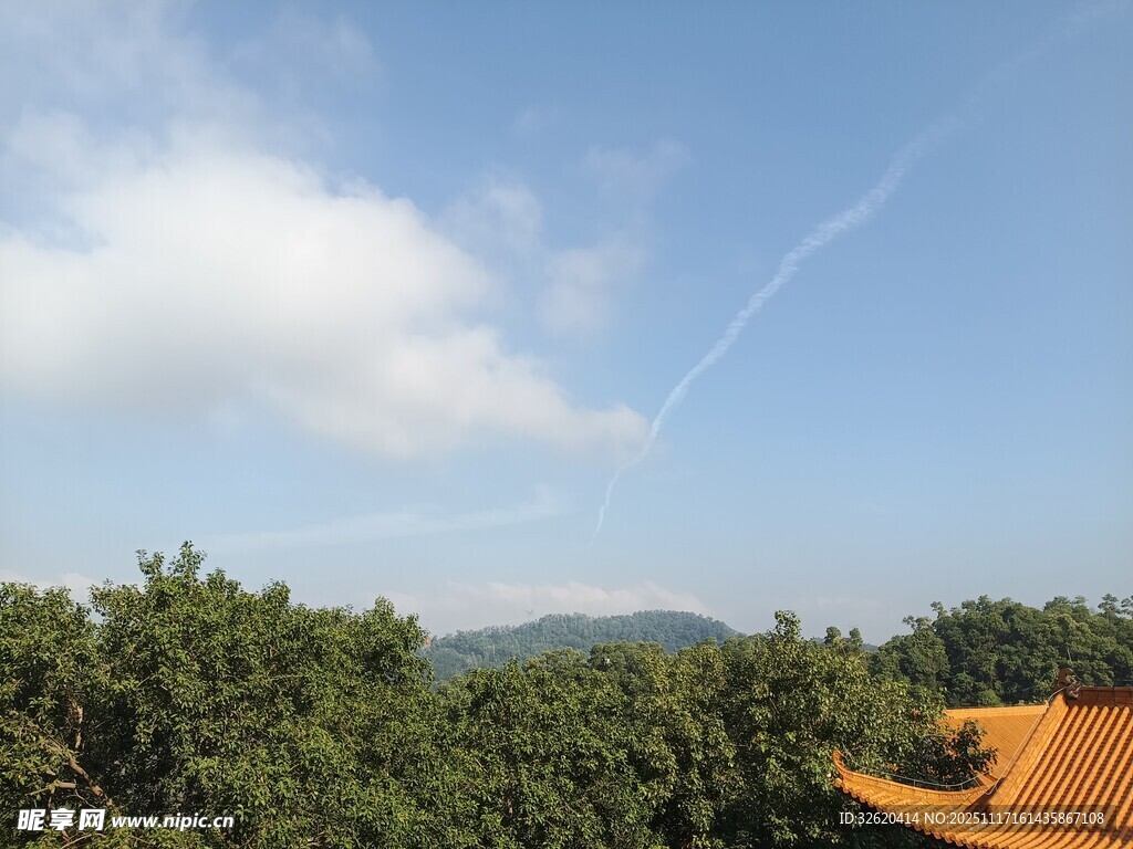 蓝天绿树间的屋顶景致