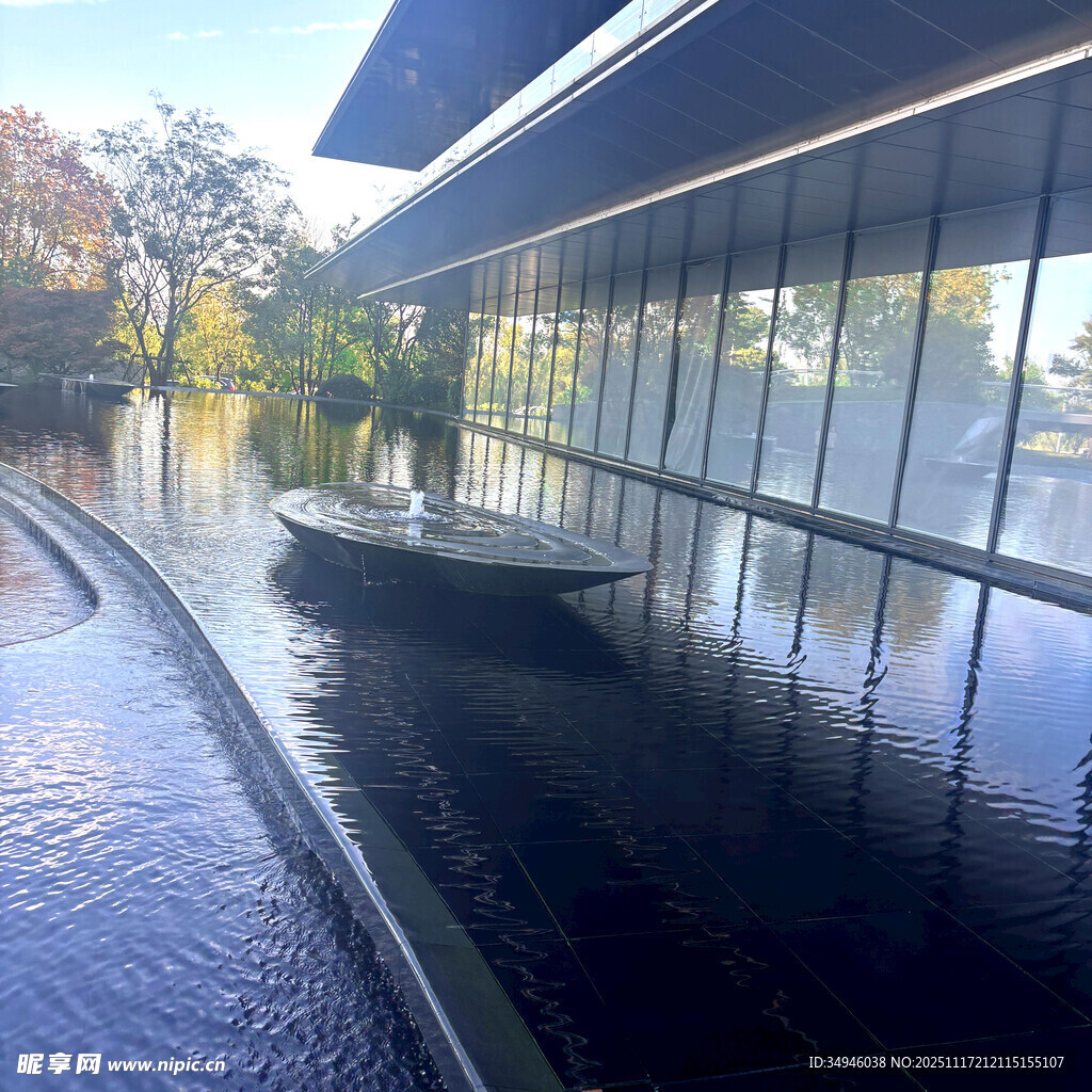 现代建筑旁的宁静水景