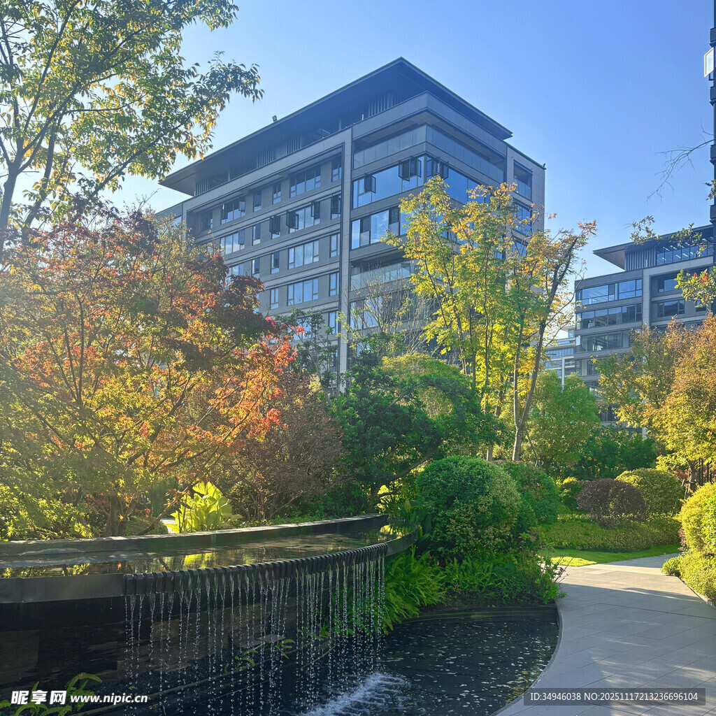 秋日小区的优美园林景致