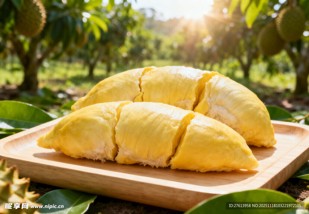 木盘上的榴莲果肉