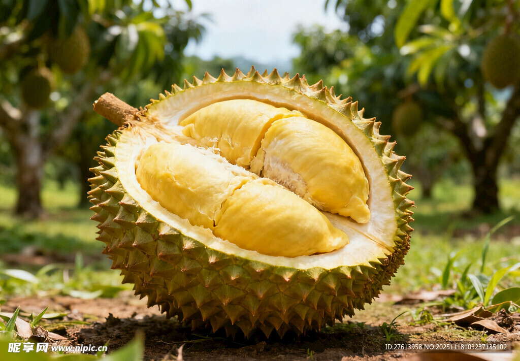 剥开的榴莲果肉展示