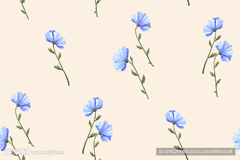 蓝亚麻花卉无缝图案背景