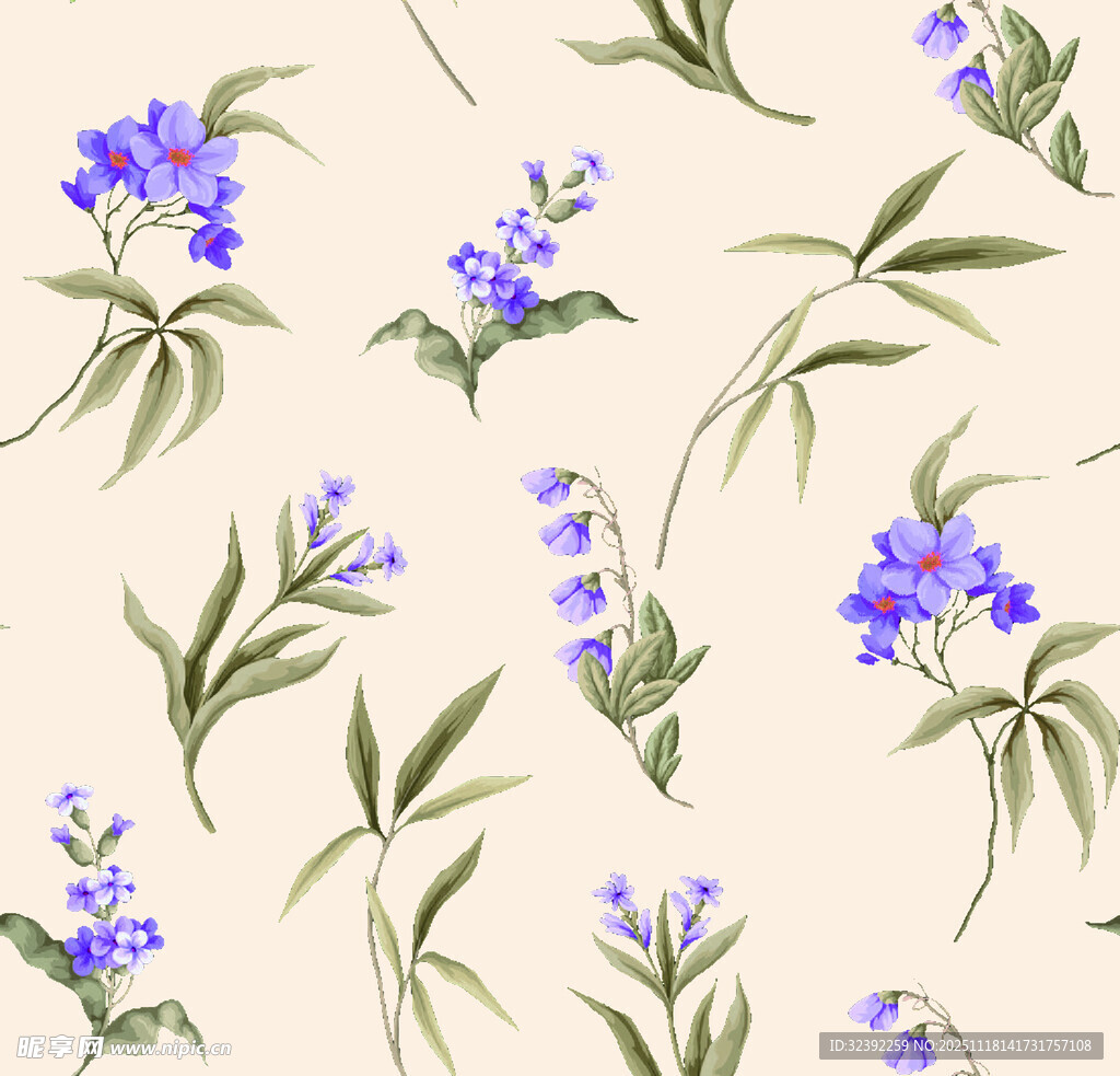 淡米色底蓝花植物图案