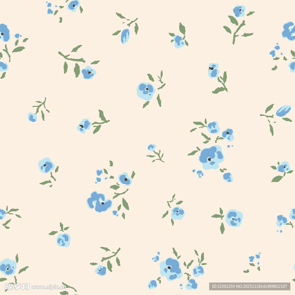 蓝花米色底清新花卉图案