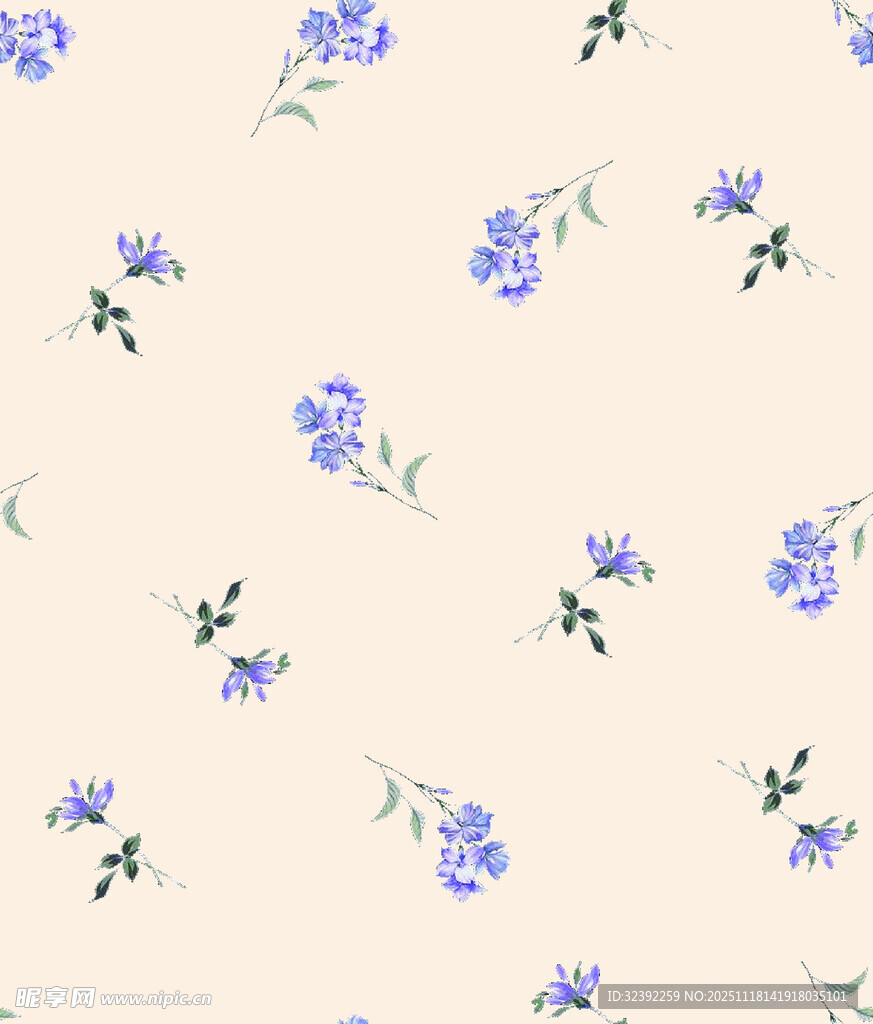 淡米色底蓝花水彩花卉图案
