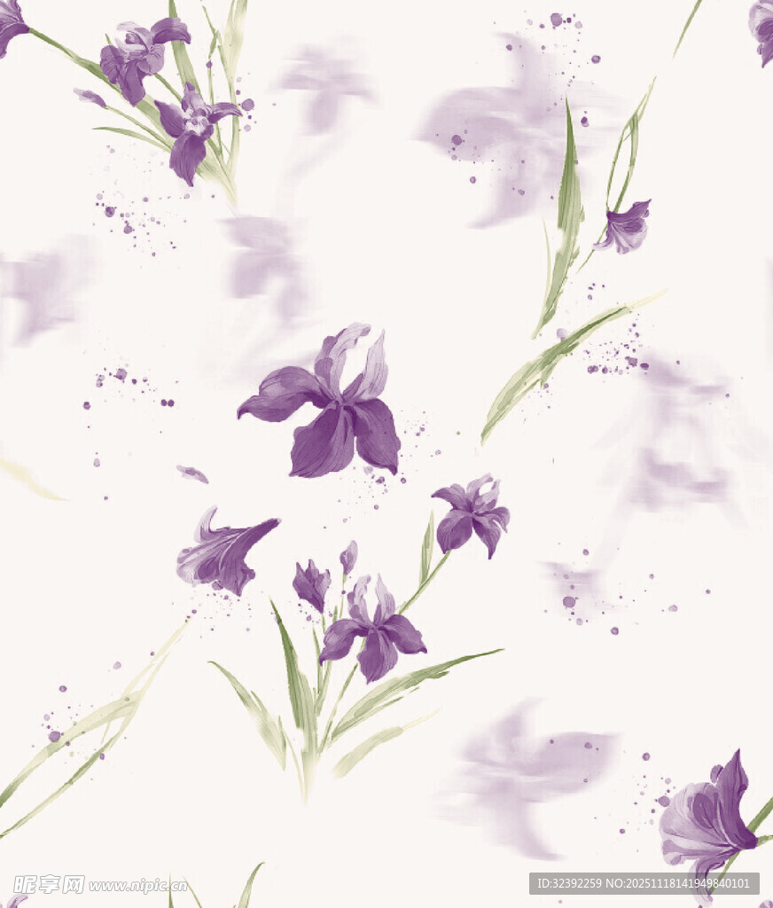 紫色鸢尾花水彩花卉图案