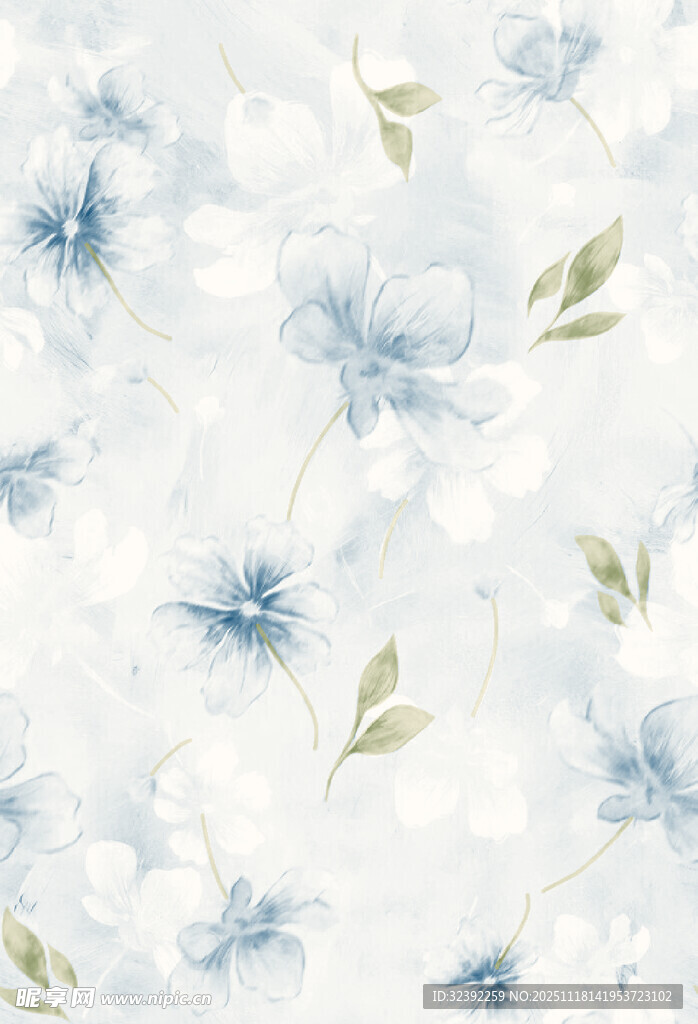 蓝白花卉图案布料纹理