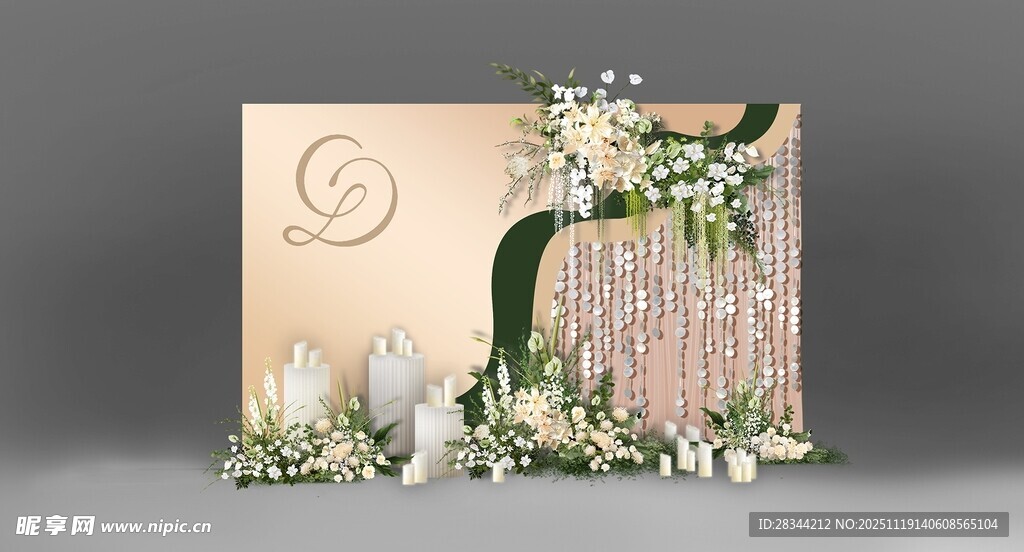 香槟色绿色小清新婚礼迎宾背景