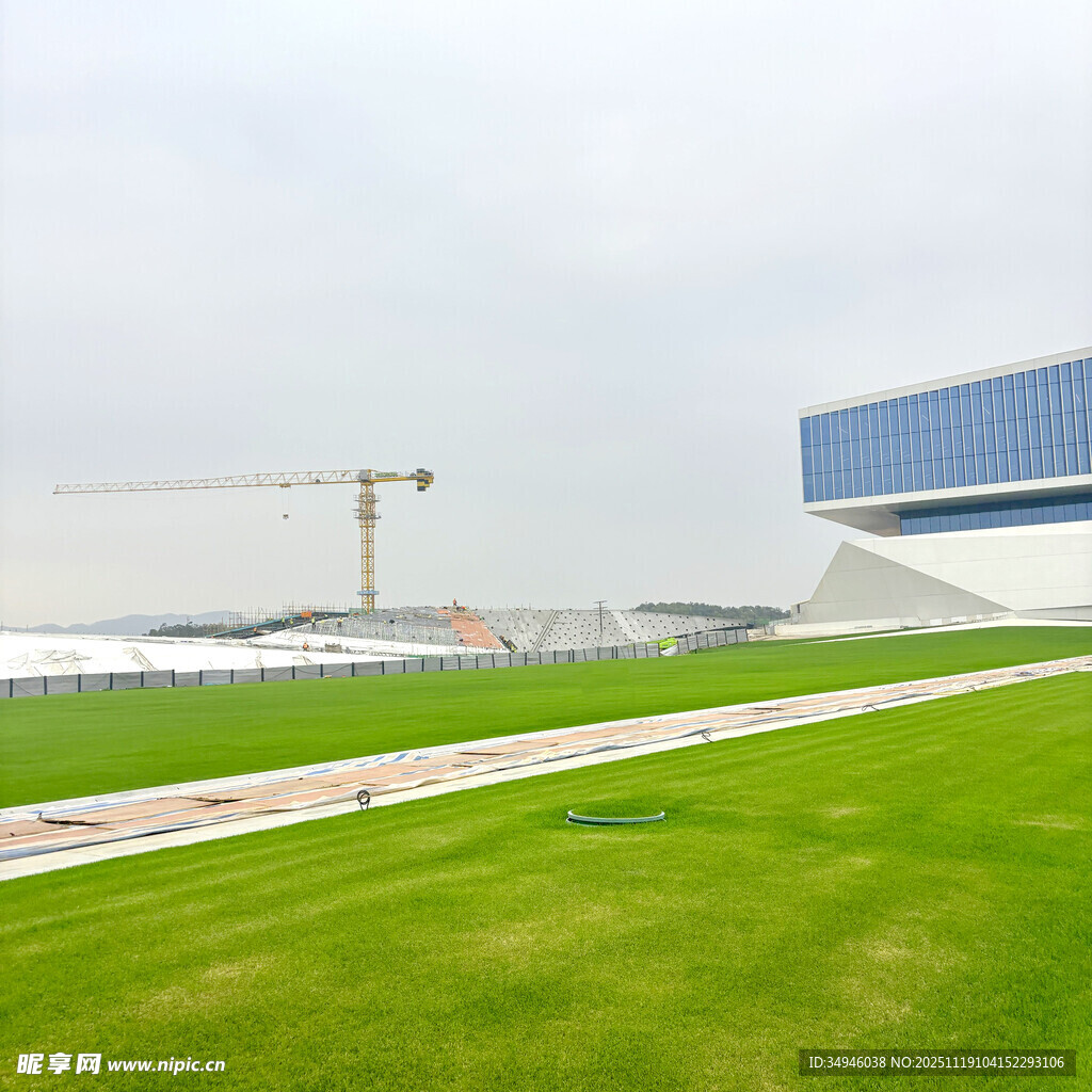 现代建筑旁的翠绿草坪