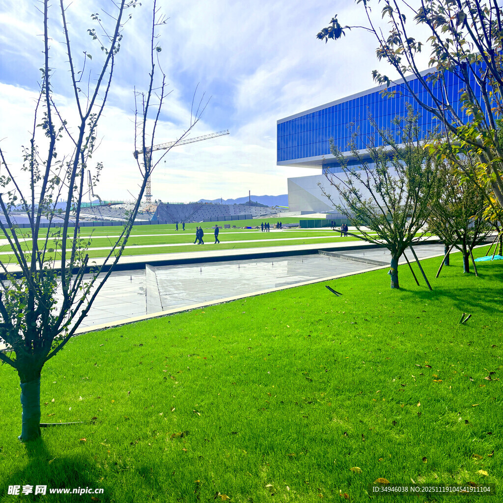 户外绿地旁的现代建筑景观