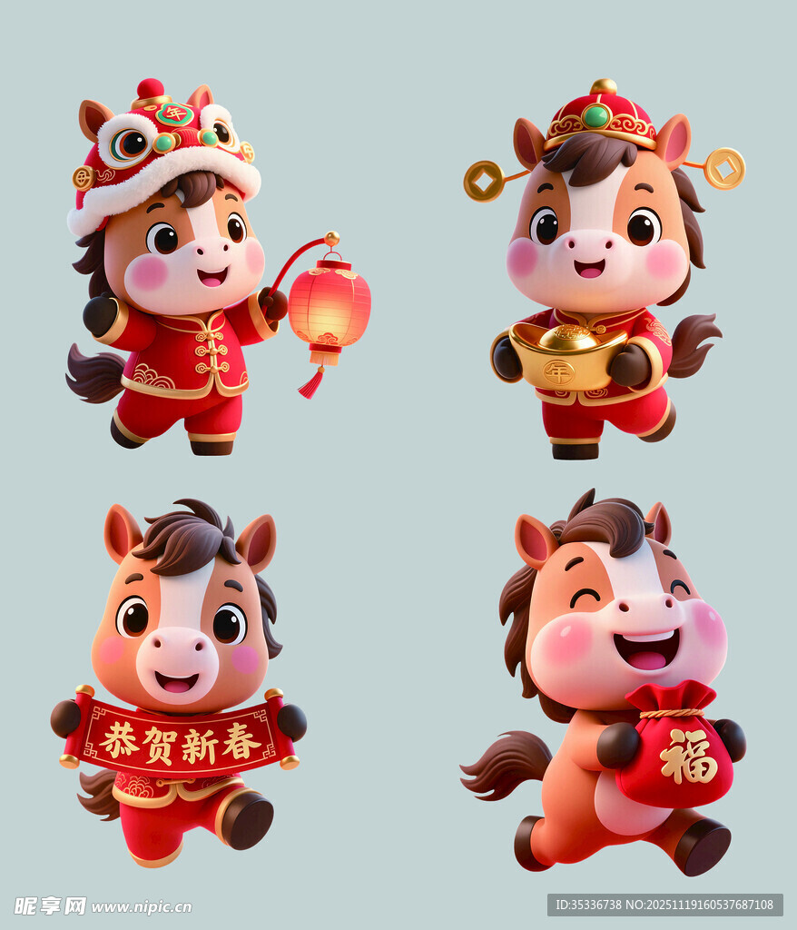 手绘卡通小马春节
