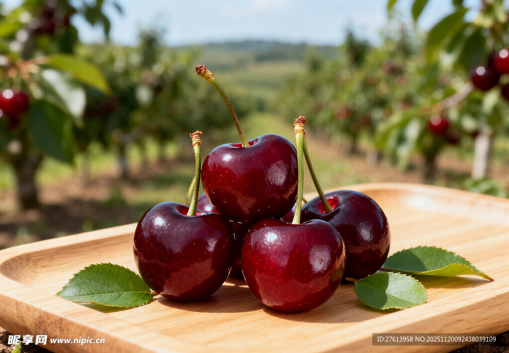 木盘上的樱桃