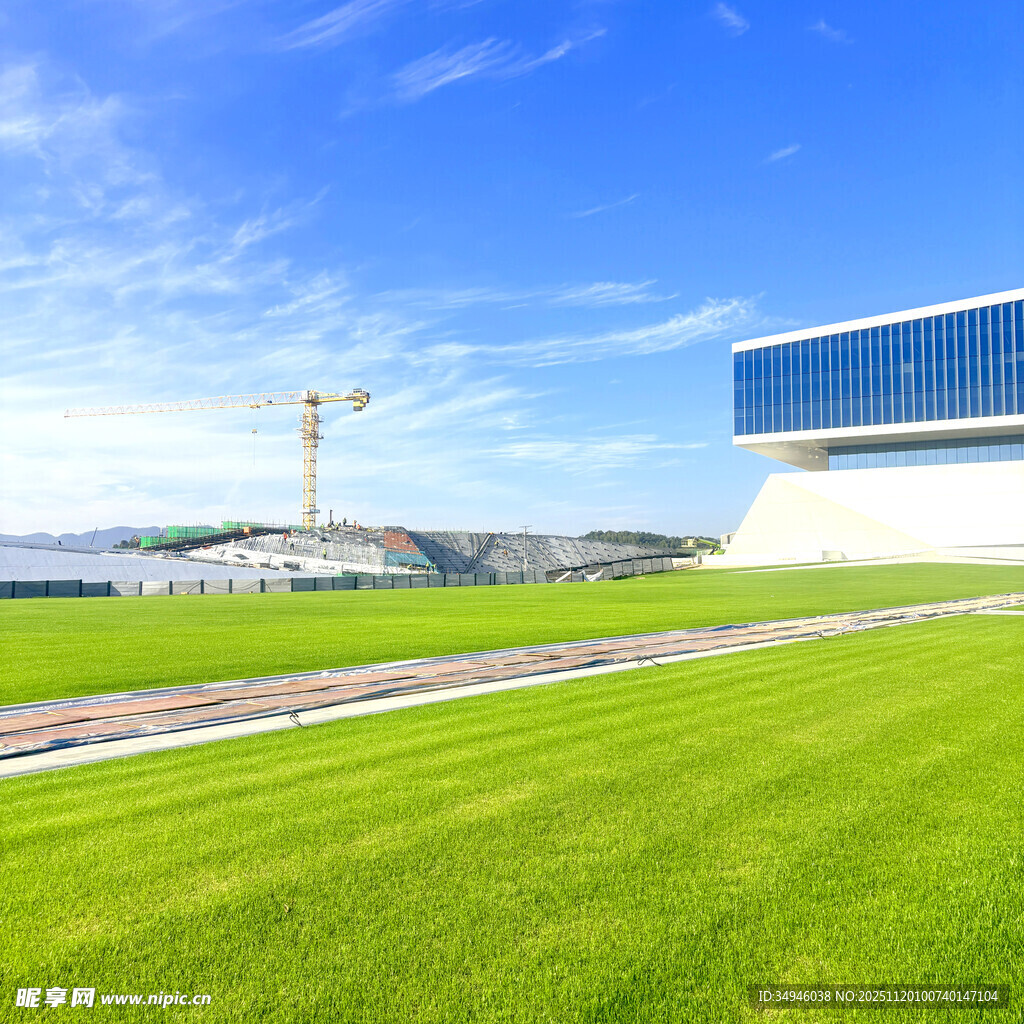 现代建筑旁的翠绿草坪