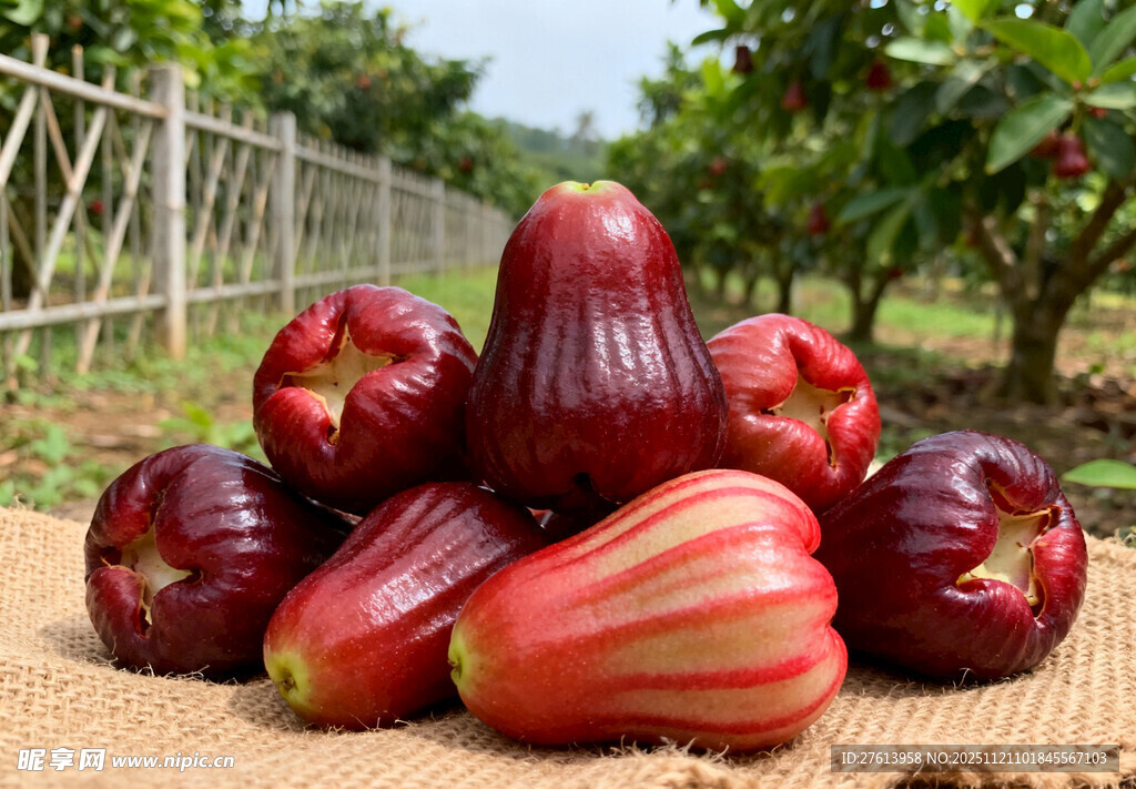 莲雾堆放在果园背景中