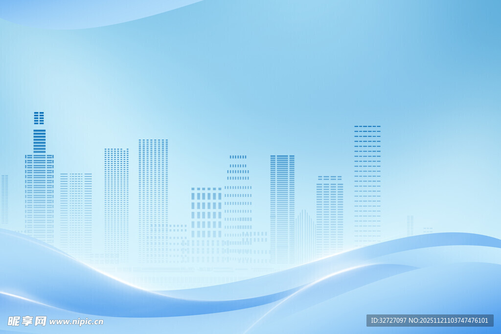 城市天际线与蓝色波浪背景