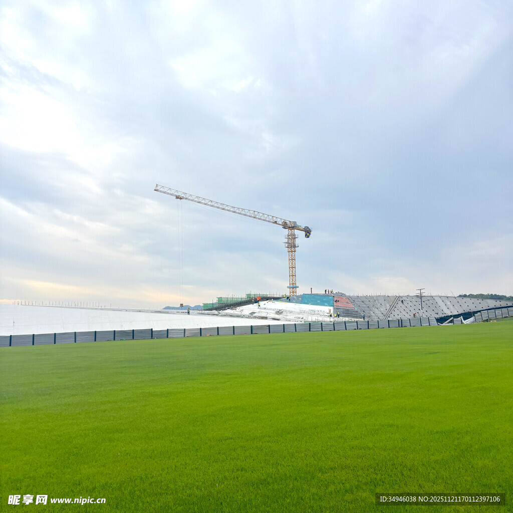 草地旁的建筑起重机