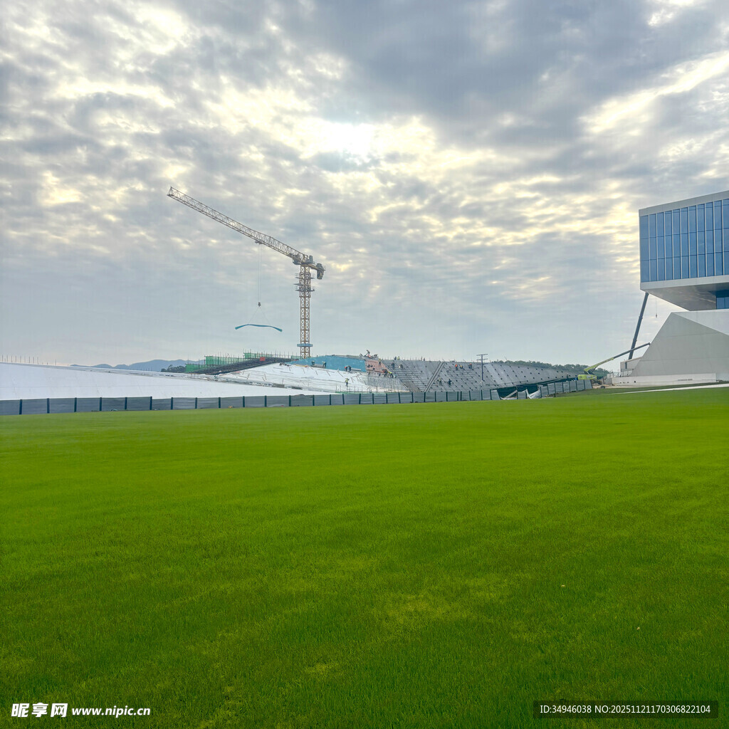 绿茵场地与远处建筑景观