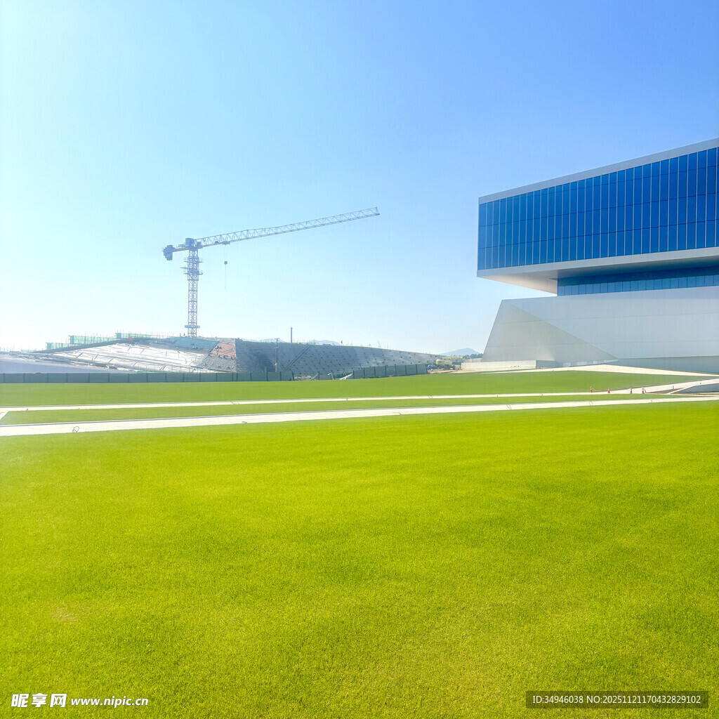 现代建筑旁的翠绿草坪