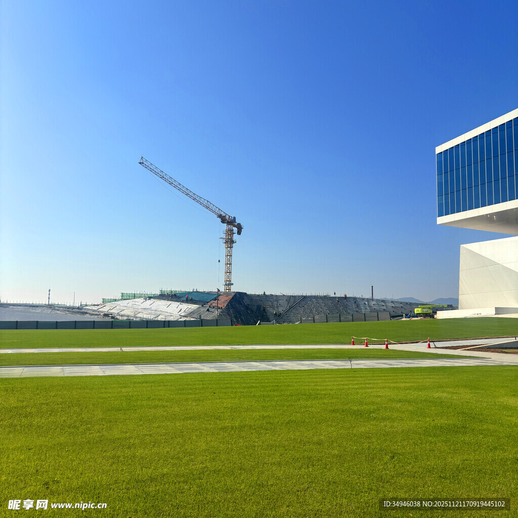 现代建筑旁的户外绿地场景