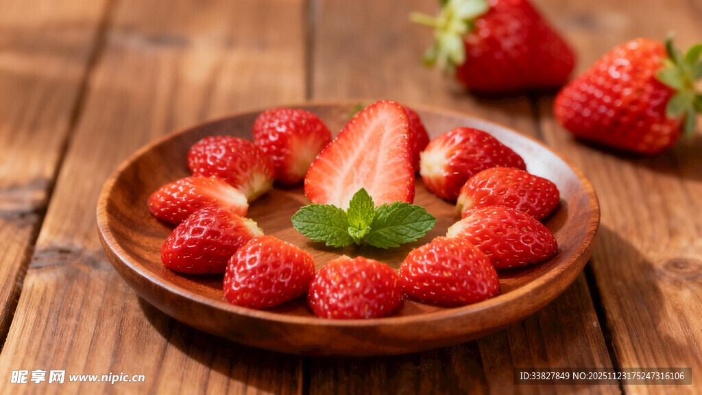 木盘上的新鲜草莓
