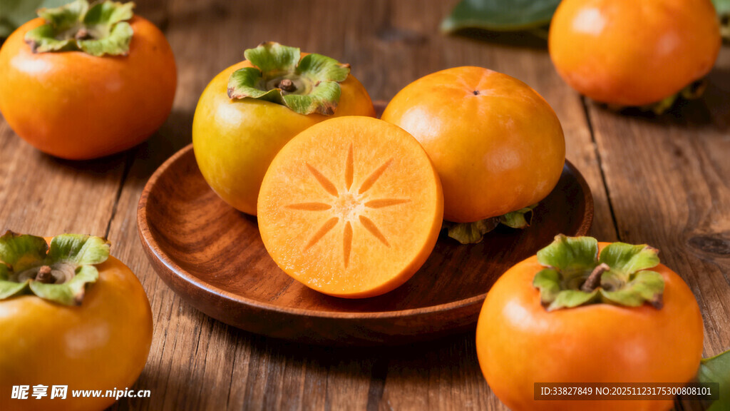 木盘上的新鲜柿子及切片