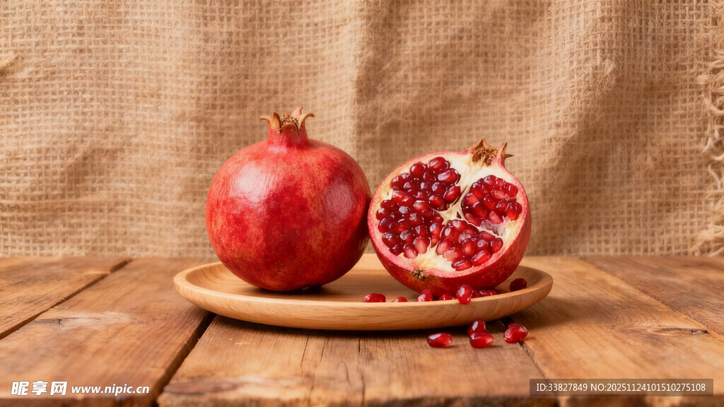 木盘上的新鲜红石榴