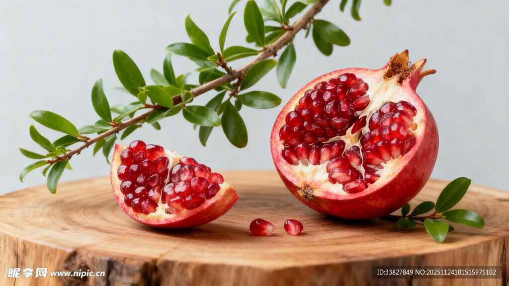 木盘上的新鲜切开石榴