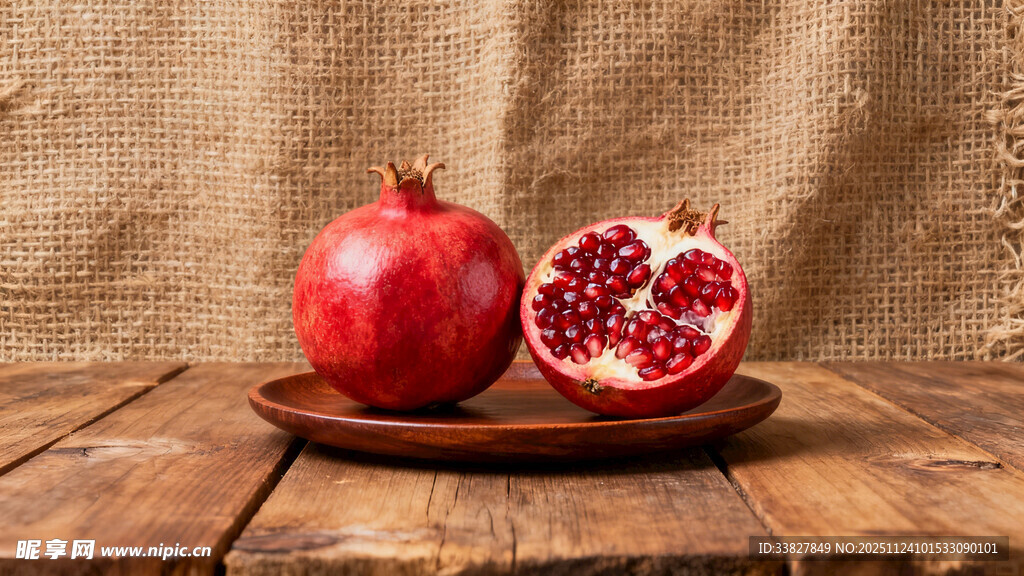 木盘上的鲜石榴与半剖果