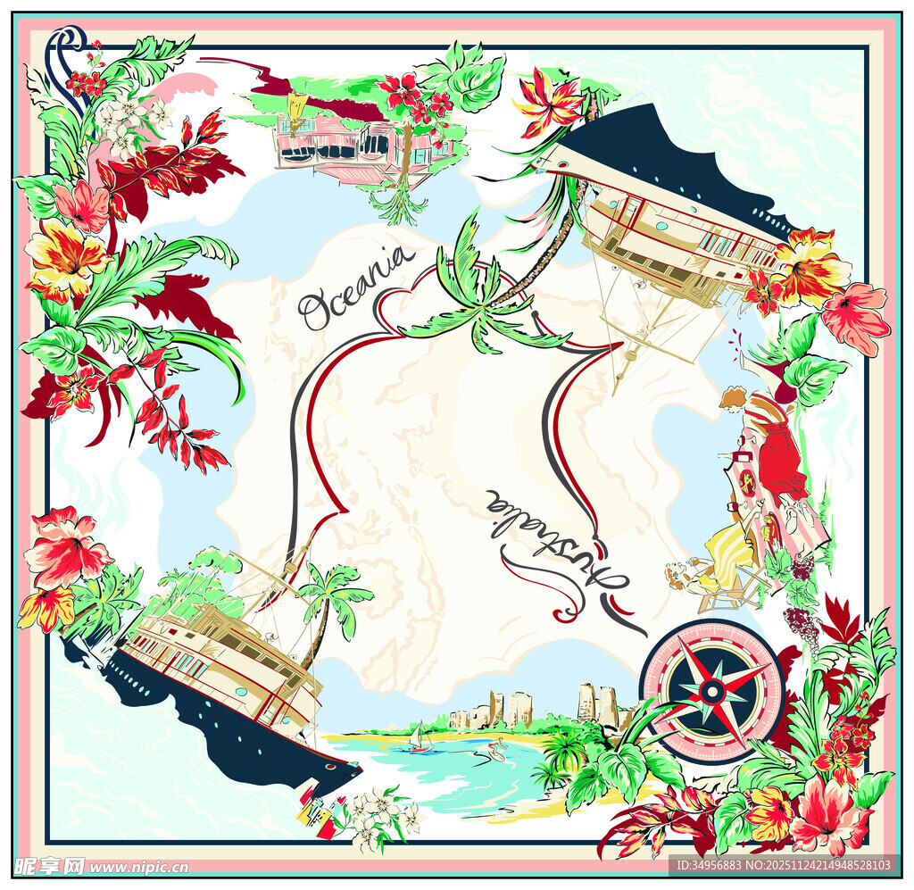 热带风情印花丝巾设计图